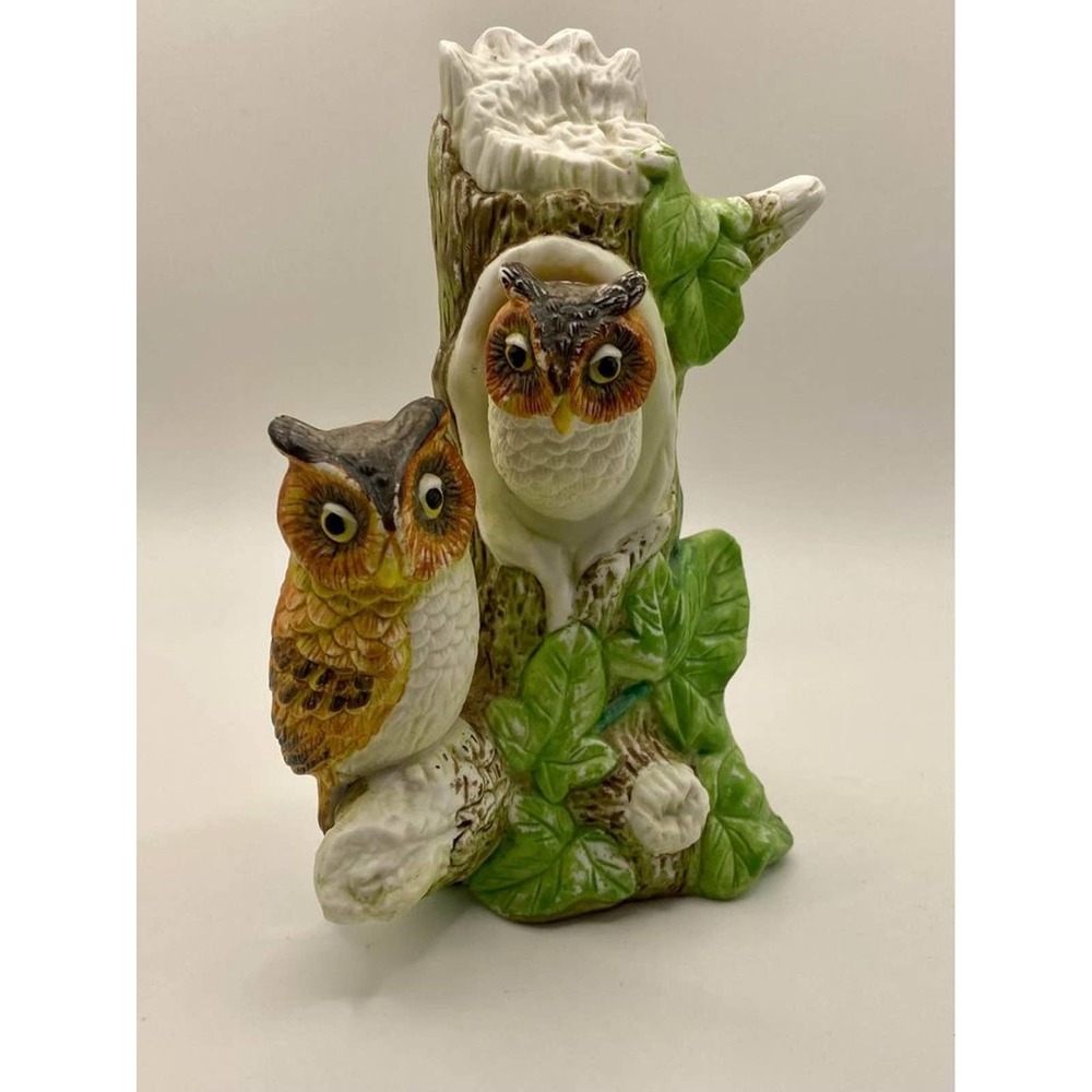 Vintage Owls In Tree Stump With Ivy Figurine